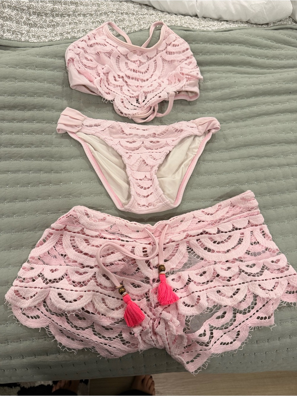 Pilyq Light Pink Lace Bikini Top, Bottom & Crochet Cover Shorts